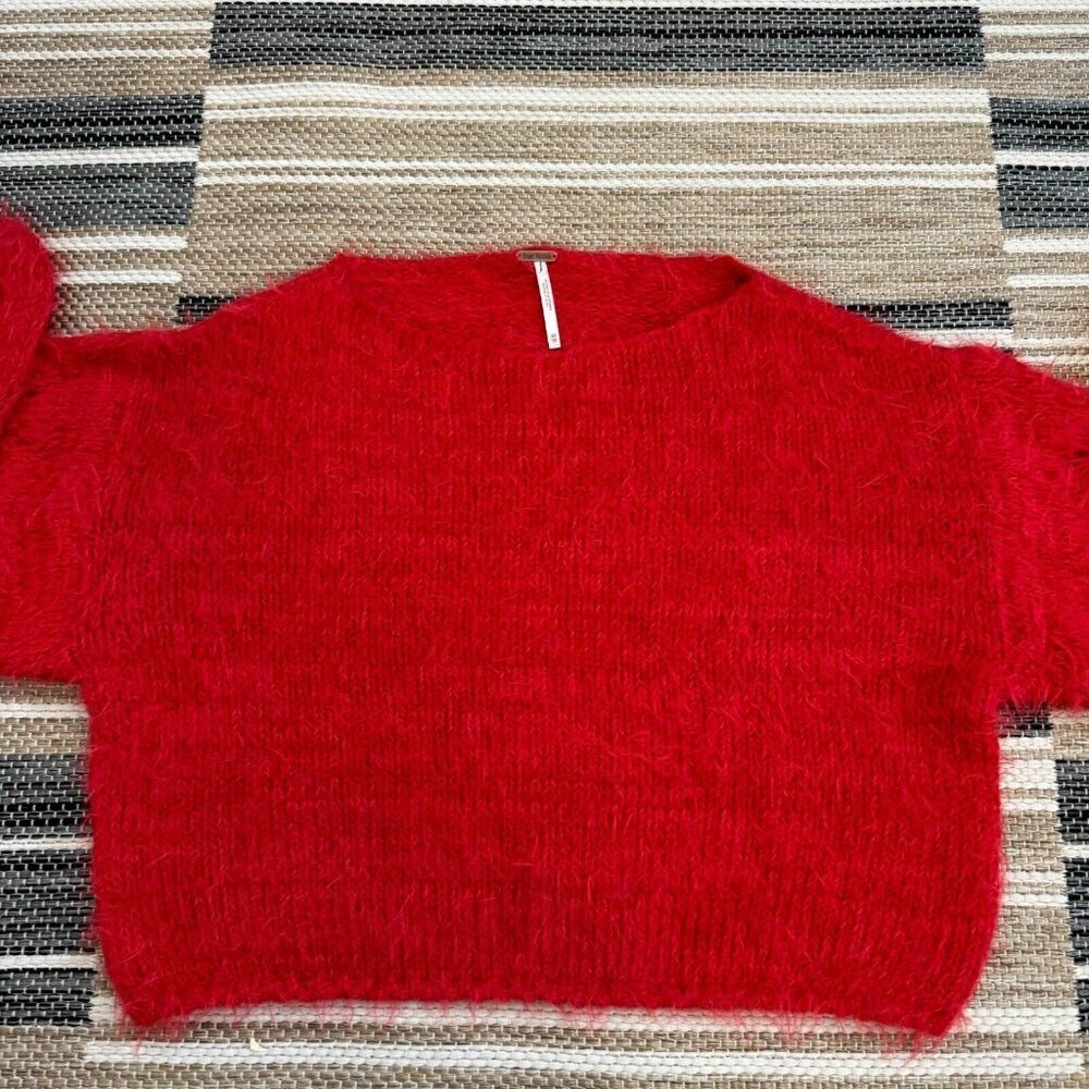 Free People Flurry Jumper Sweater Cropped‎ Slouchy Relaxed Long Sleeve Red Sz XS - Picture 4 of 11